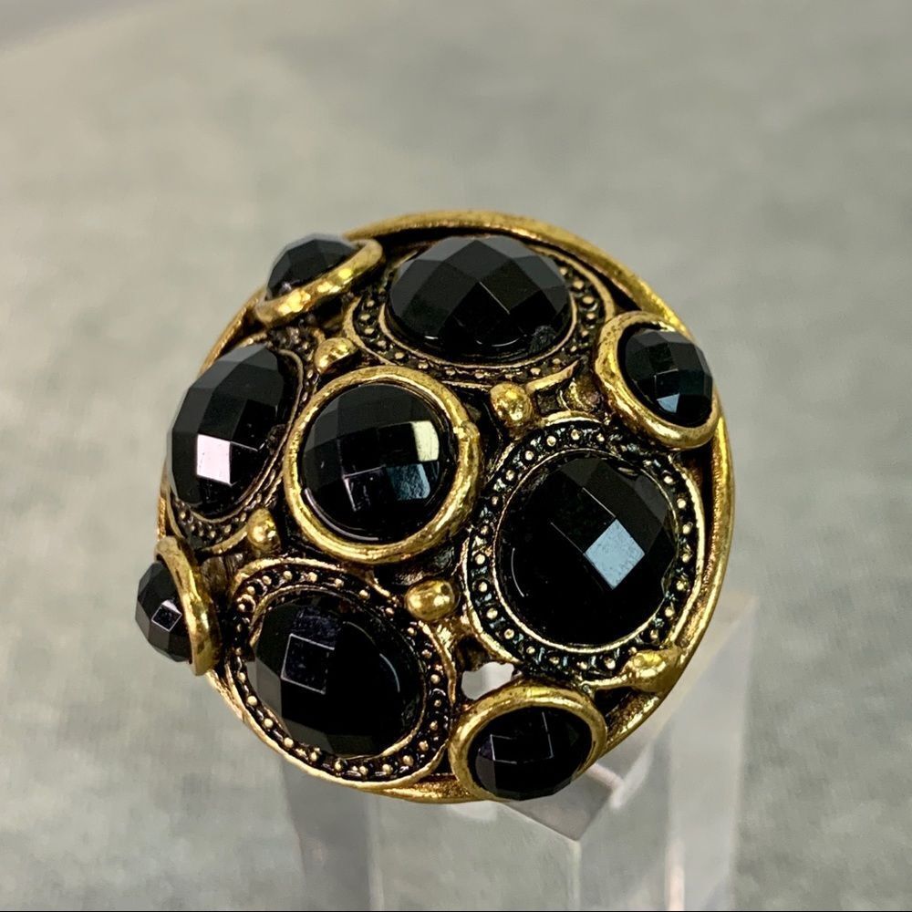 Black gem jewelled gold brass tone clustered costume jewellery